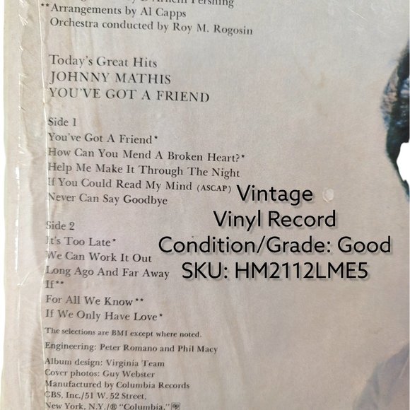 Johnny Mathis "You've Got A Friend" By Columbia Records Vintage LP Vinyl Record - Picture 3 of 4